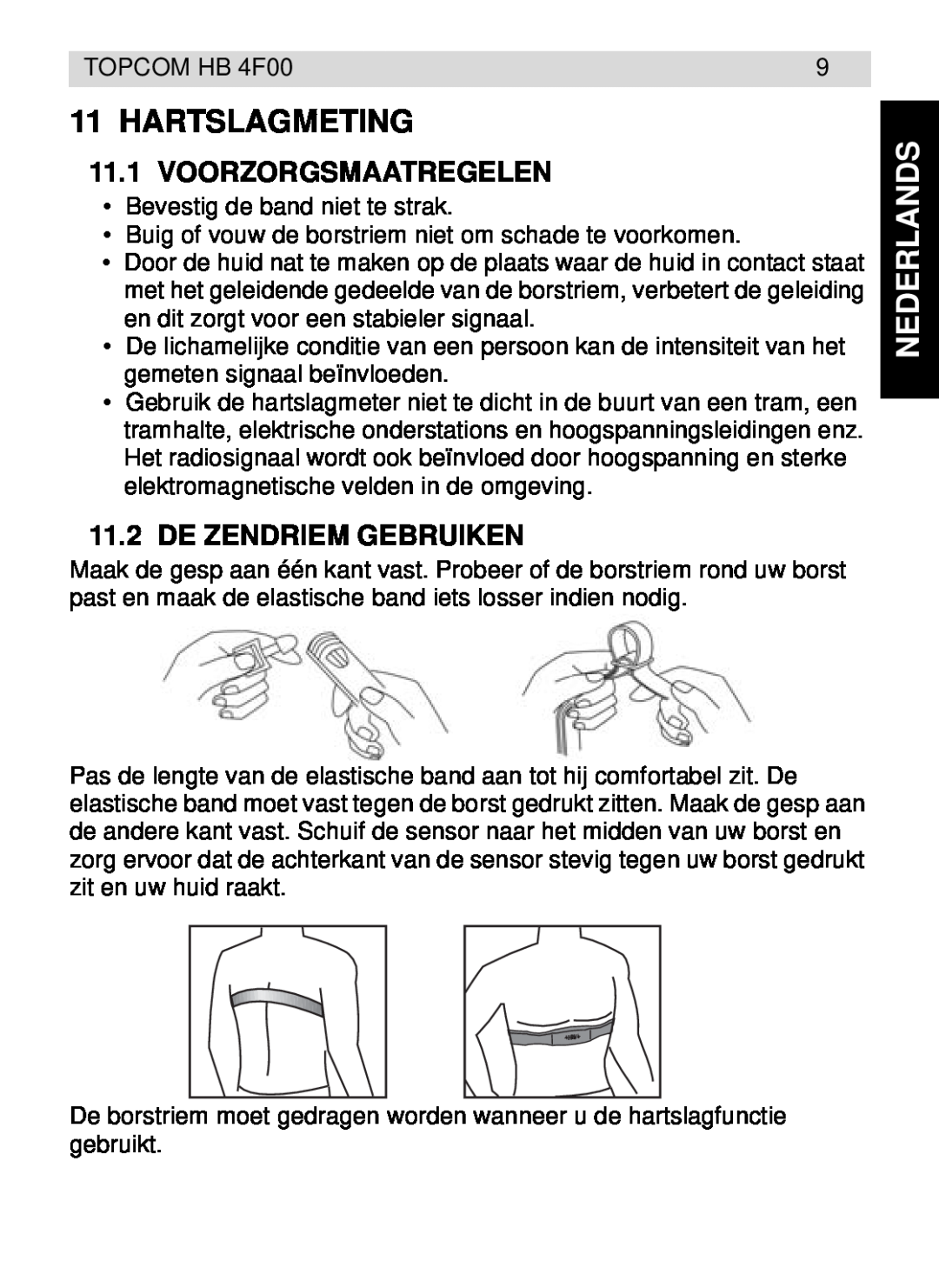 Topcom HB 4F00 manual Hartslagmeting, Voorzorgsmaatregelen, De Zendriem Gebruiken, Nederlands 