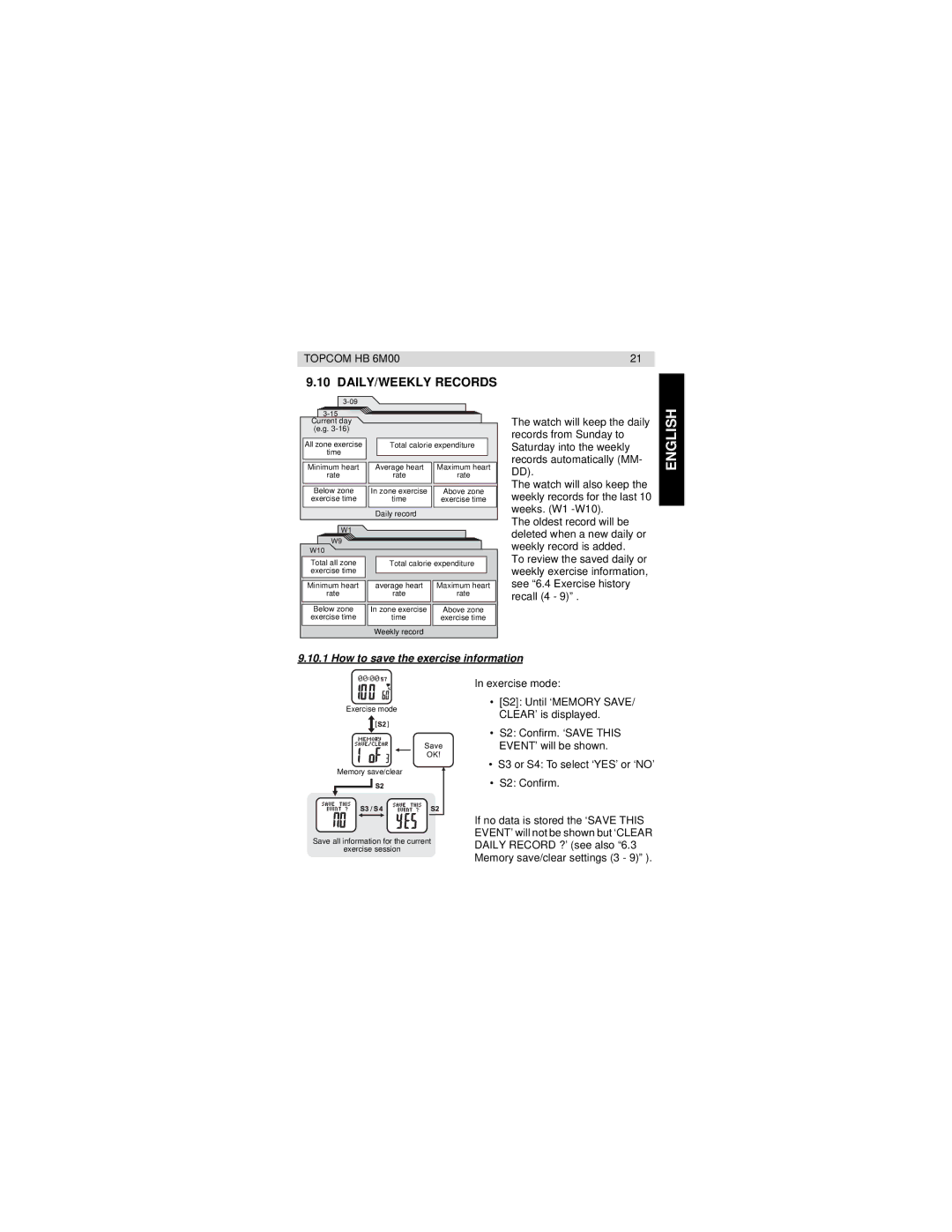 Topcom HB 6M00 manual DAILY/WEEKLY Records, How to save the exercise information 