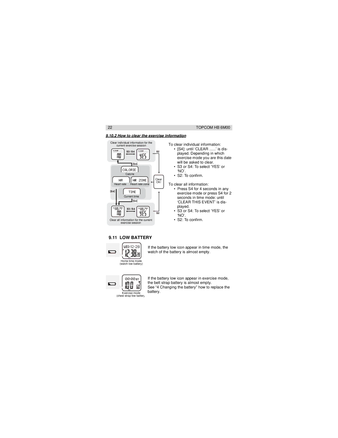 Topcom HB 6M00 manual LOW Battery, How to clear the exercise information 