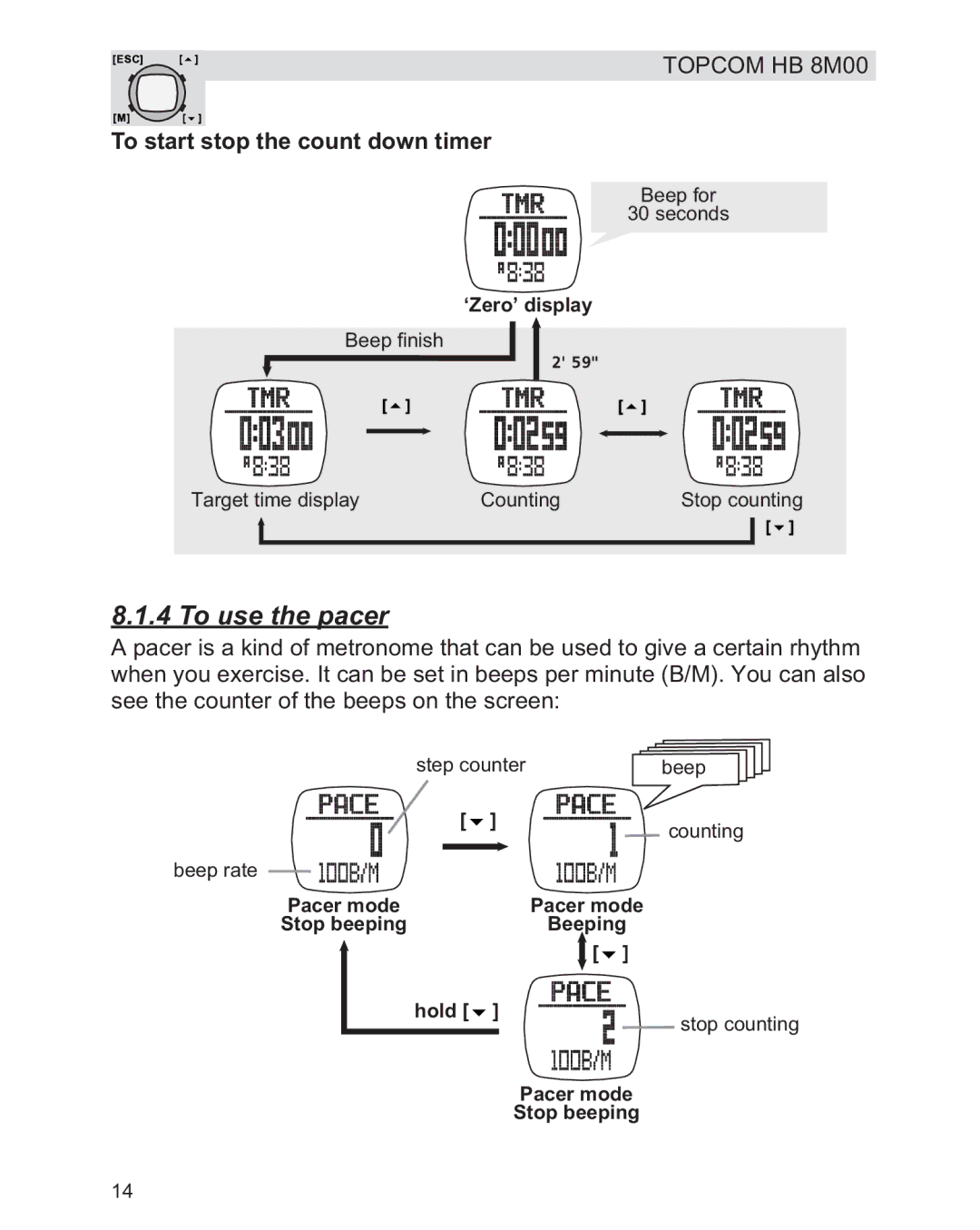 Topcom HB 8M00 manual To use the pacer, To start stop the count down timer 