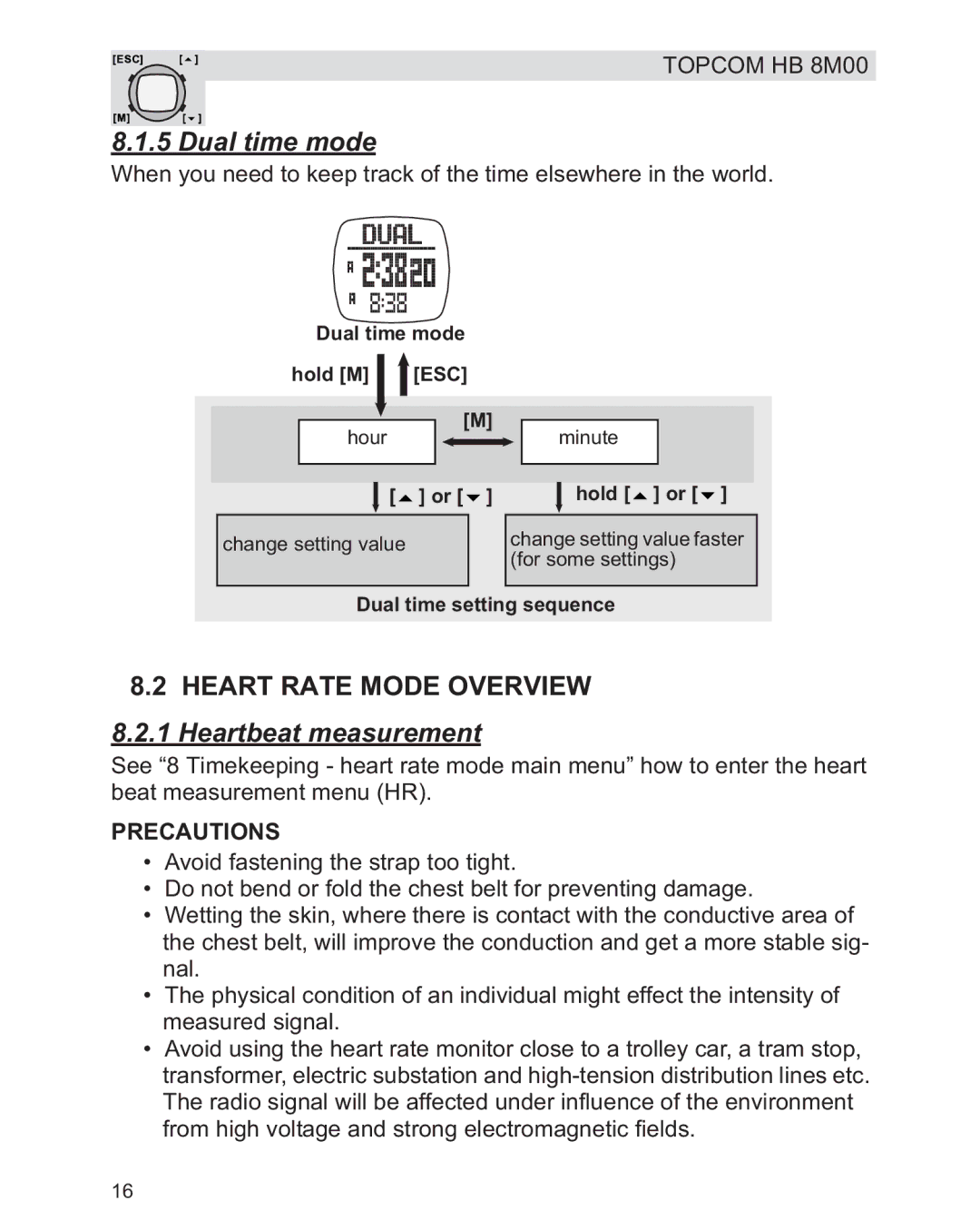 Topcom HB 8M00 manual Dual time mode, Heart Rate Mode Overview, Heartbeat measurement 