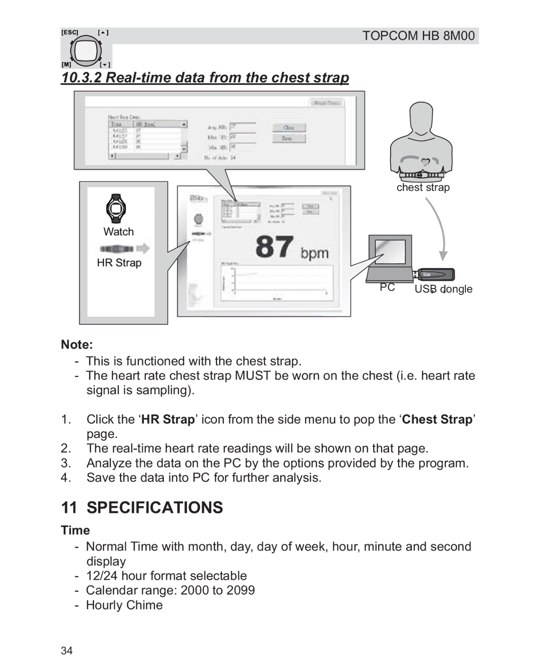 Topcom HB 8M00 manual Specifications, Real-time data from the chest strap, Time 