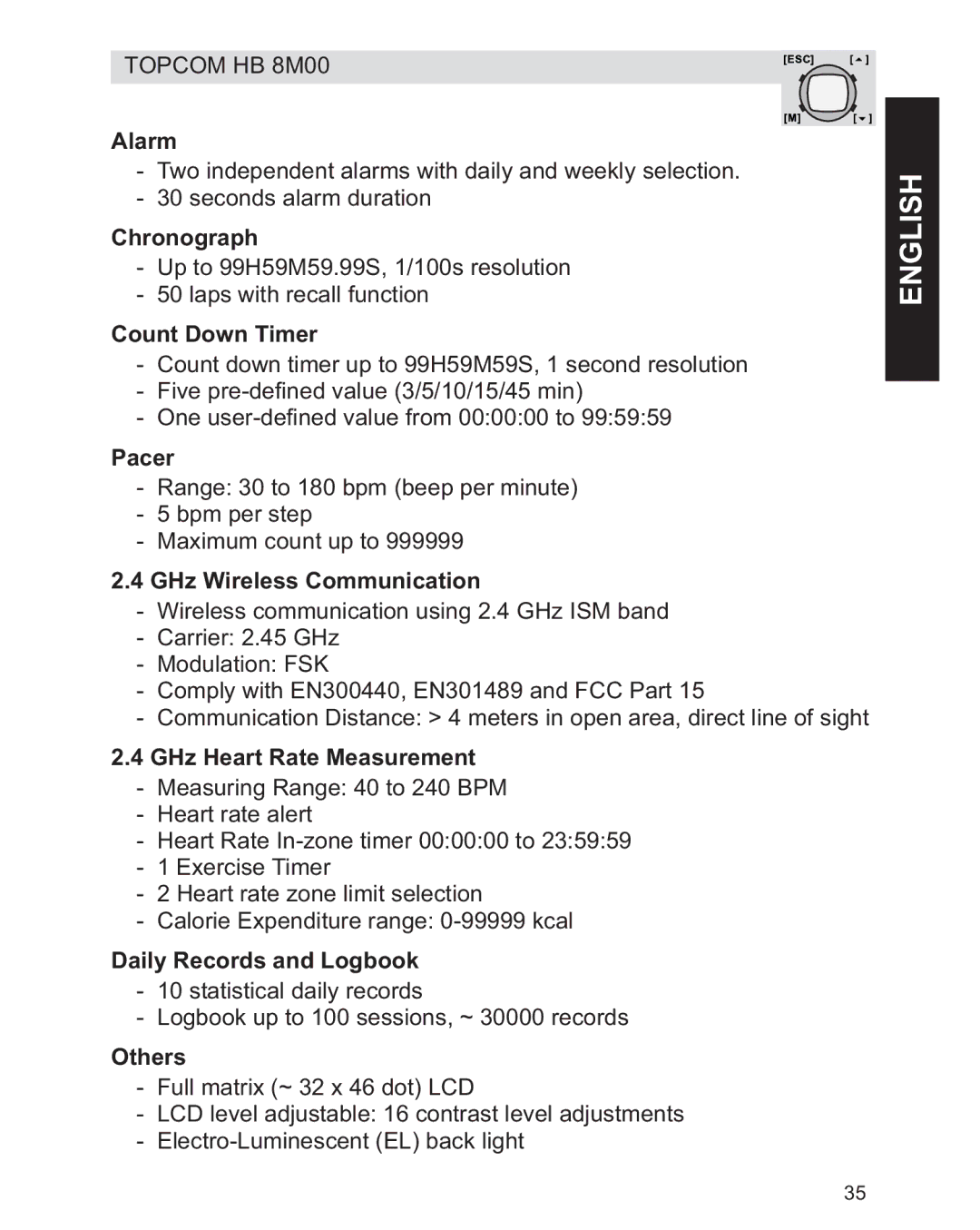 Topcom HB 8M00 Alarm, Chronograph, Count Down Timer, Pacer, GHz Wireless Communication, GHz Heart Rate Measurement, Others 