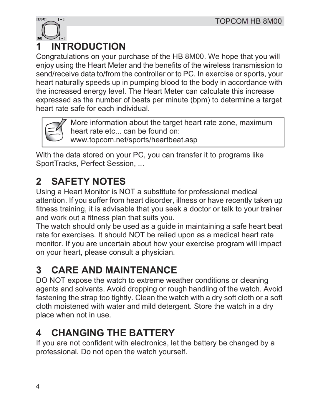 Topcom HB 8M00 manual Introduction, Safety Notes, Care and Maintenance, Changing the Battery 