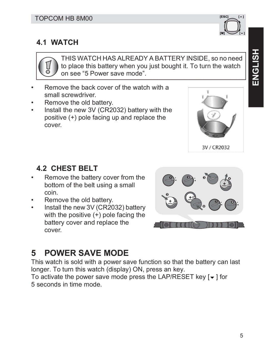 Topcom HB 8M00 manual Power Save Mode, Watch, Chest Belt 