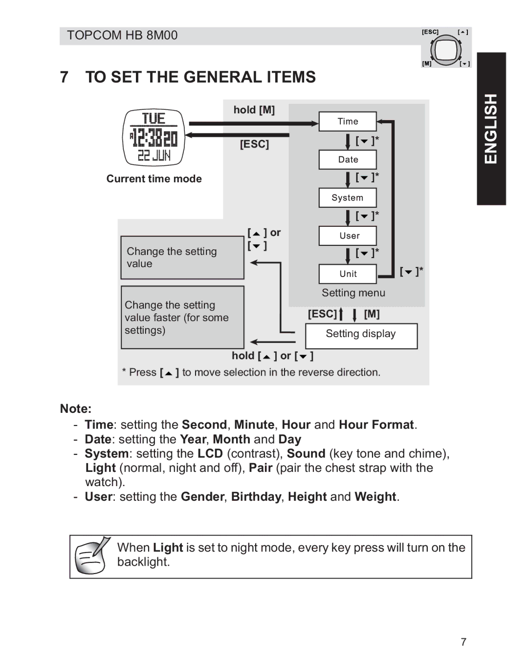 Topcom HB 8M00 manual To SET the General Items, Time setting the Second, Minute, Hour and Hour Format 