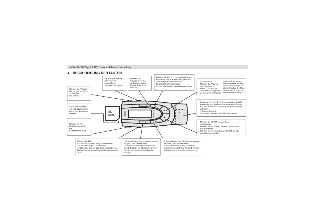 Topcom II 128 manual Beschreibung DER Tasten, Ununterbrochen auf ’Skip Backward’ um 