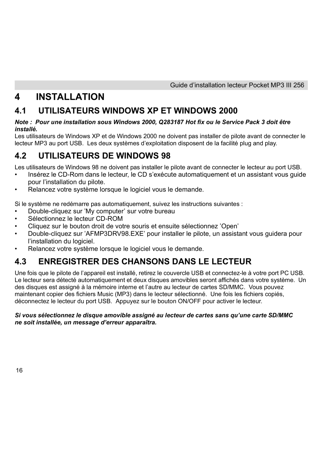 Topcom III manual Utilisateurs Windows XP ET Windows, Utilisateurs DE Windows, Enregistrer DES Chansons Dans LE Lecteur 