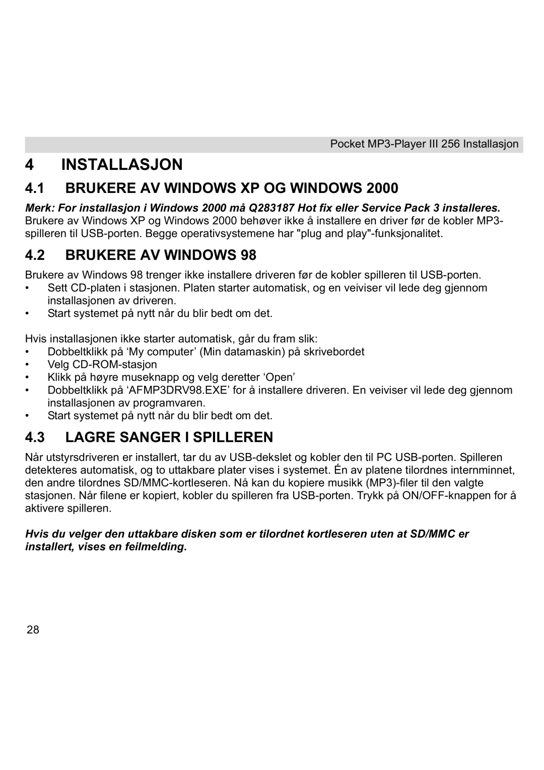 Topcom III manual Installasjon, Brukere AV Windows XP OG Windows, Lagre Sanger I Spilleren 