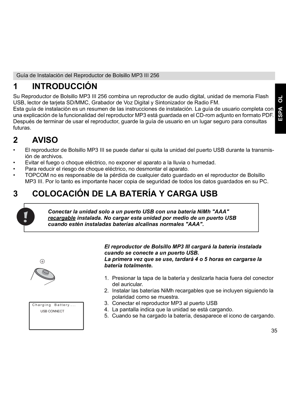 Topcom III manual Introducción, Colocación DE LA Batería Y Carga USB 