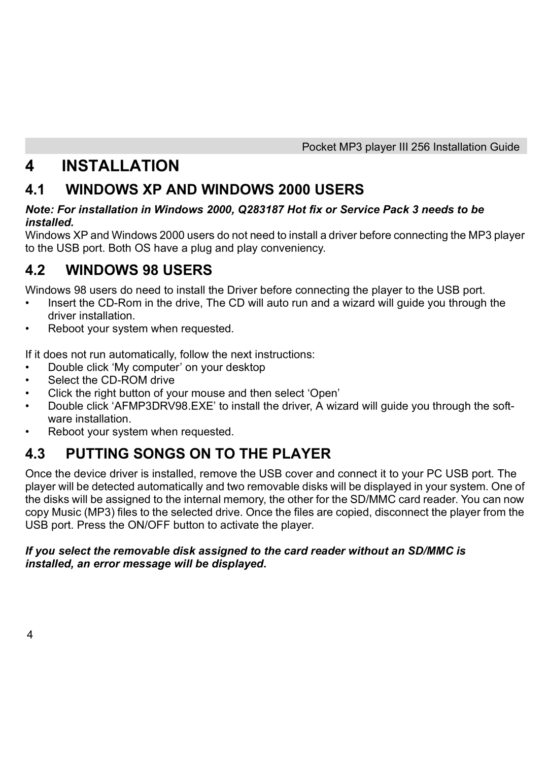 Topcom III manual Installation, Windows XP and Windows 2000 Users, Windows 98 Users, Putting Songs on to the Player 