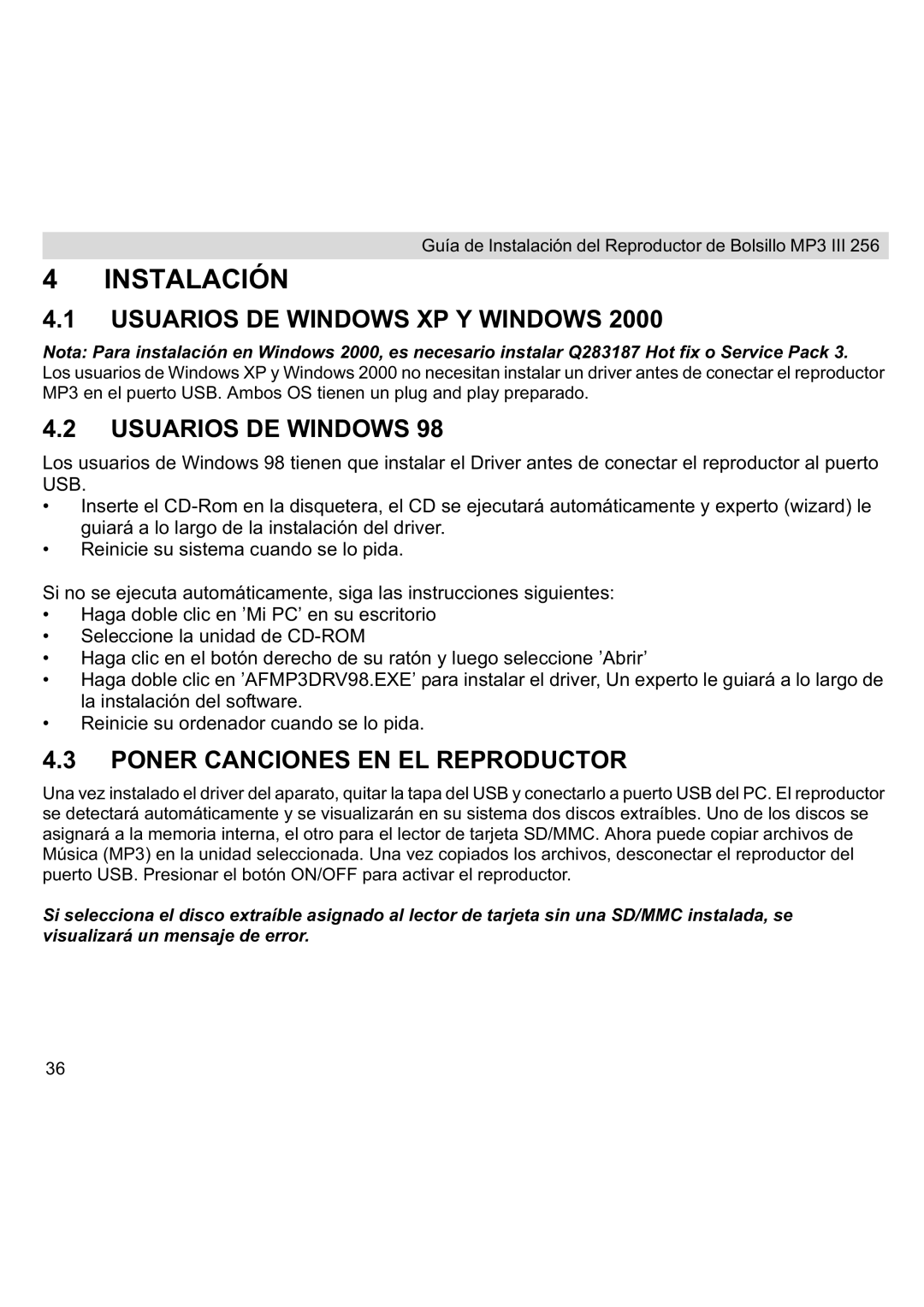 Topcom III manual Instalación, Usuarios DE Windows XP Y Windows, Poner Canciones EN EL Reproductor 