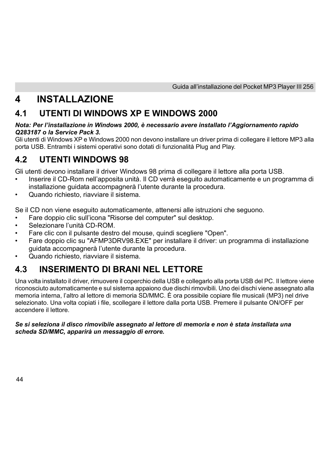 Topcom III manual Installazione, Utenti DI Windows XP E Windows, Utenti Windows, Inserimento DI Brani NEL Lettore 