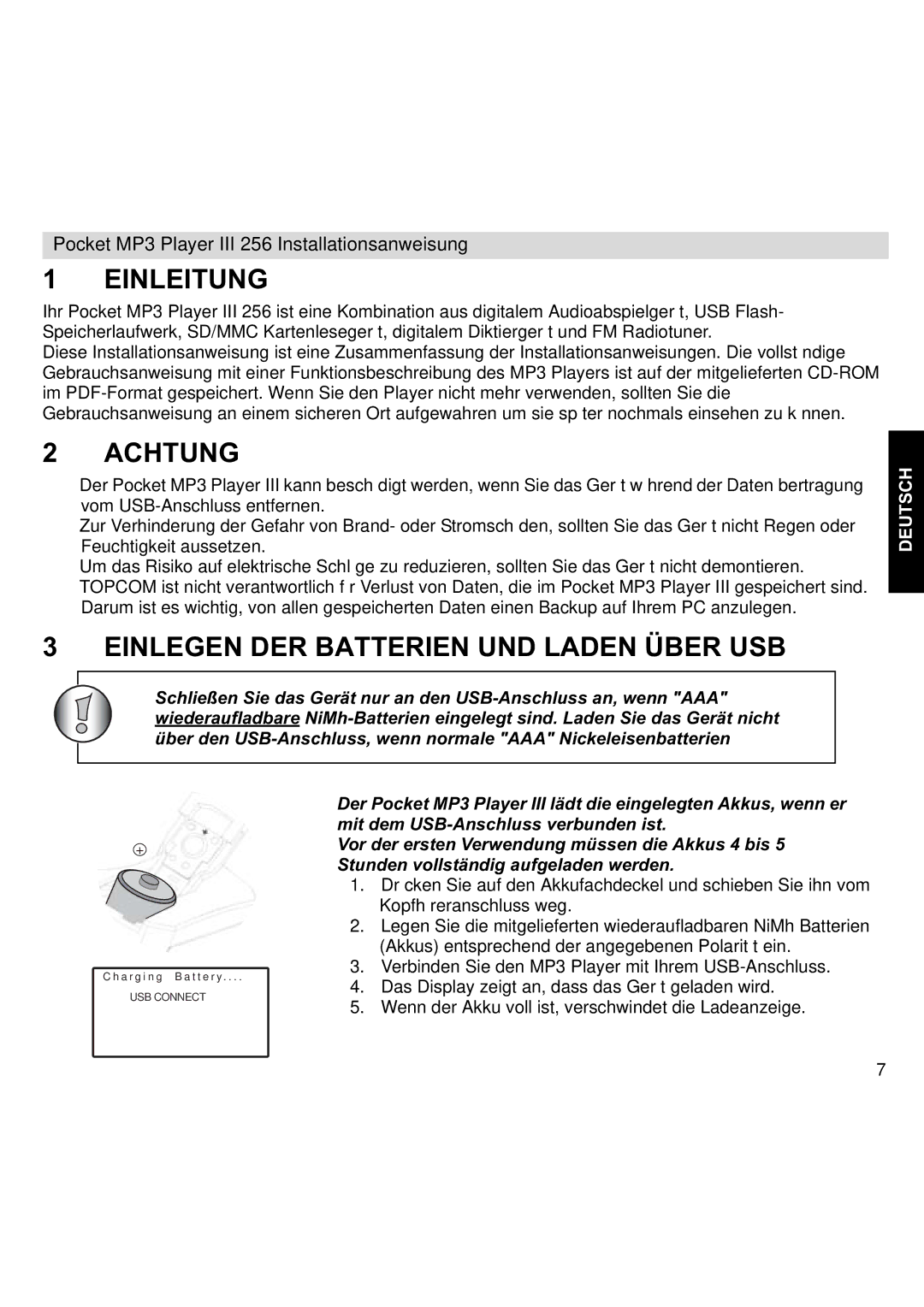 Topcom III manual Einleitung, Achtung, Einlegen DER Batterien UND Laden Über USB 