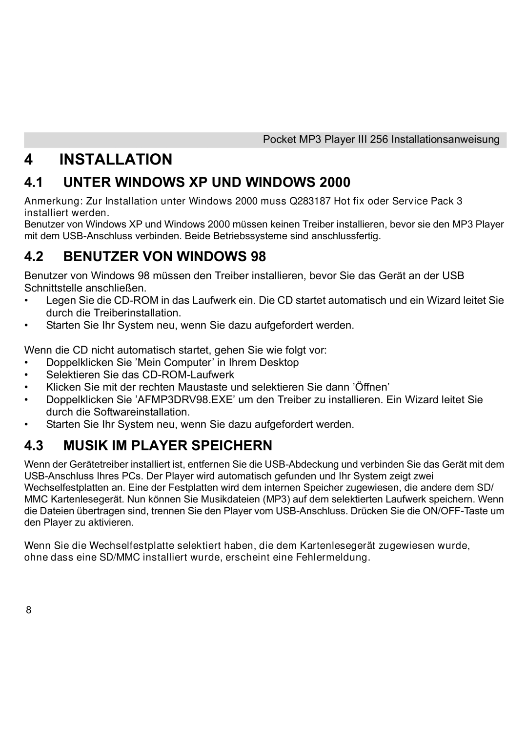 Topcom III manual Unter Windows XP UND Windows, Benutzer VON Windows, Musik IM Player Speichern 