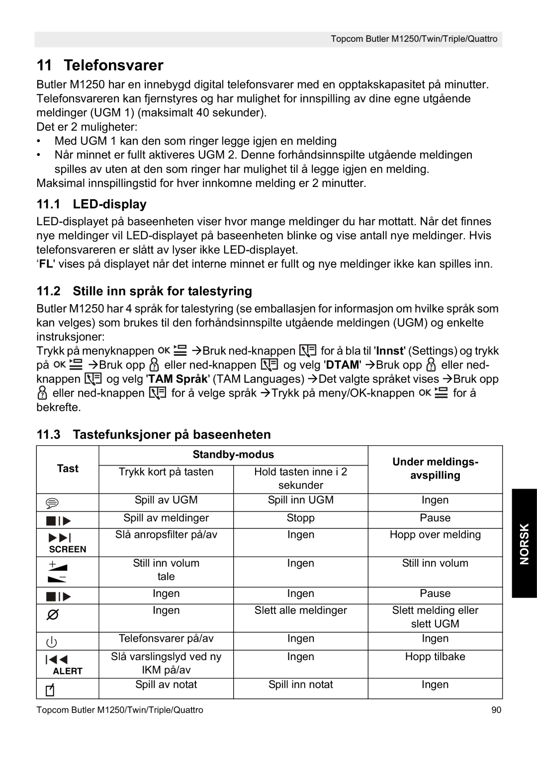 Topcom M1250 manual Stille inn språk for talestyring, Tastefunksjoner på baseenheten 