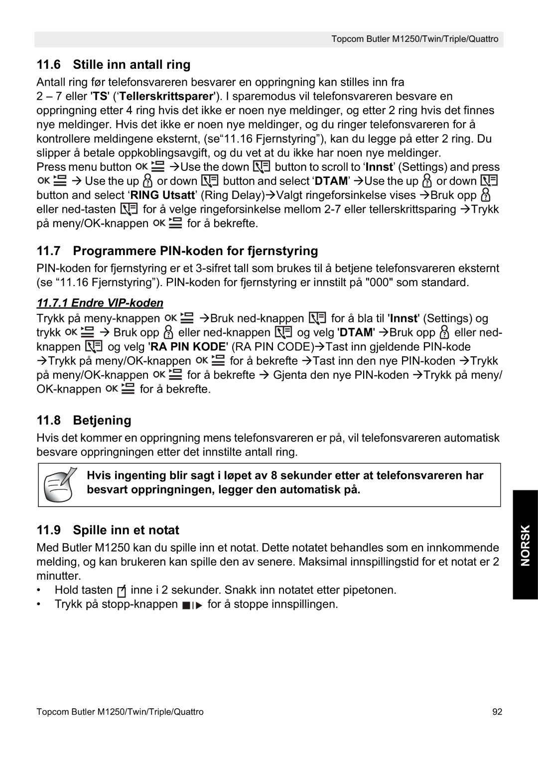 Topcom M1250 manual Stille inn antall ring, Programmere PIN-koden for fjernstyring, Spille inn et notat, Endre VIP-koden 