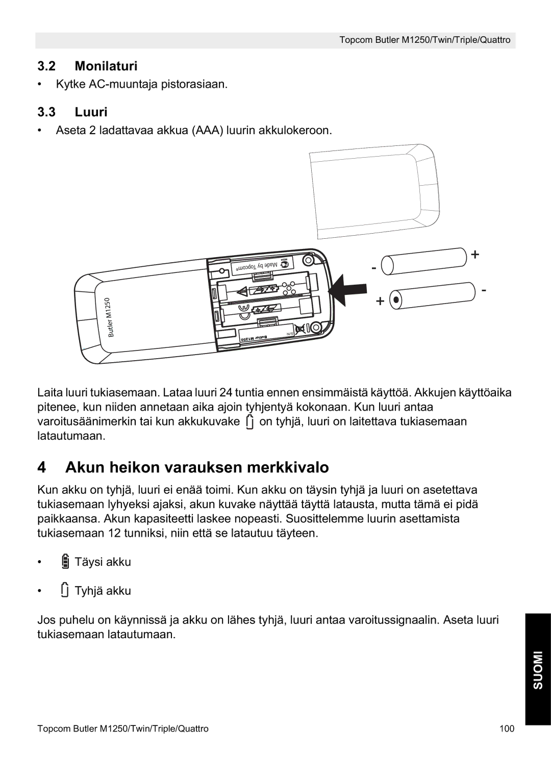 Topcom M1250 manual Akun heikon varauksen merkkivalo, Monilaturi, Luuri 