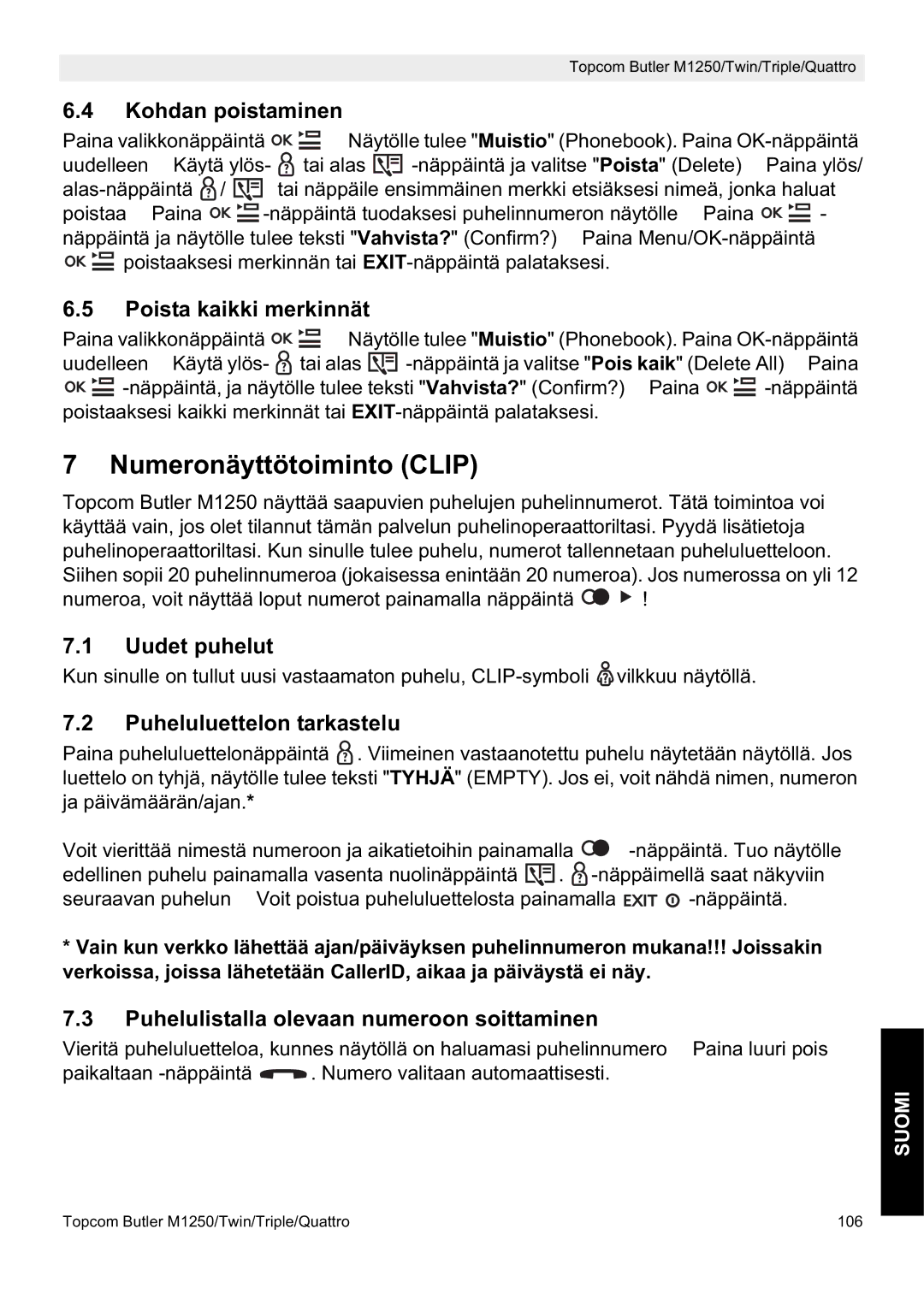 Topcom M1250 manual Numeronäyttötoiminto Clip 