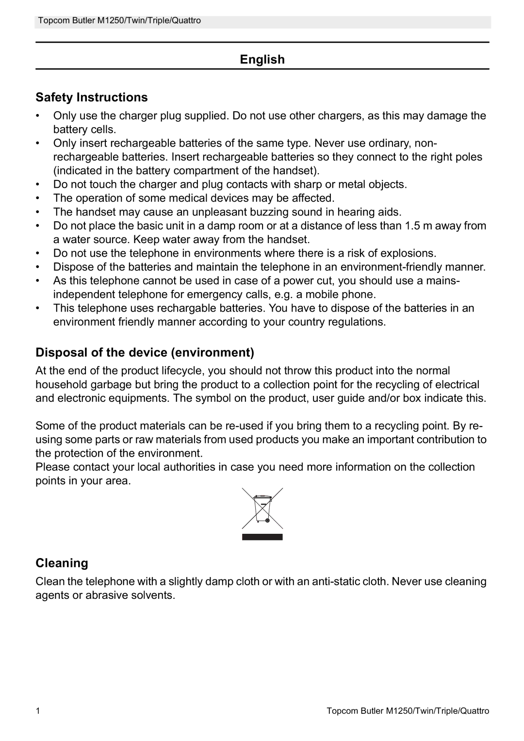 Topcom M1250 manual English Safety Instructions, Disposal of the device environment, Cleaning 