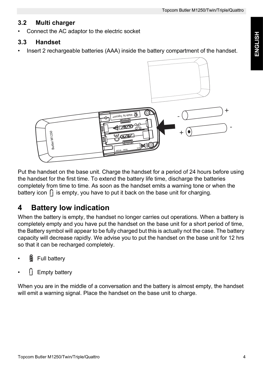 Topcom M1250 manual Battery low indication, Multi charger, Handset 