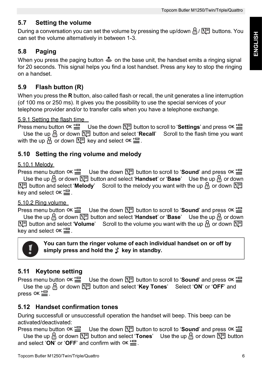 Topcom M1250 manual Setting the volume, Paging, Flash button R, Setting the ring volume and melody, Keytone setting 