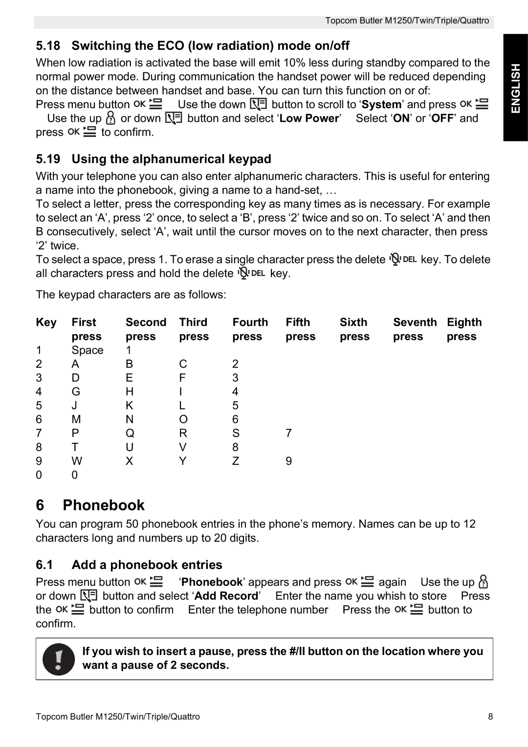 Topcom M1250 manual Phonebook, Switching the ECO low radiation mode on/off, Using the alphanumerical keypad 