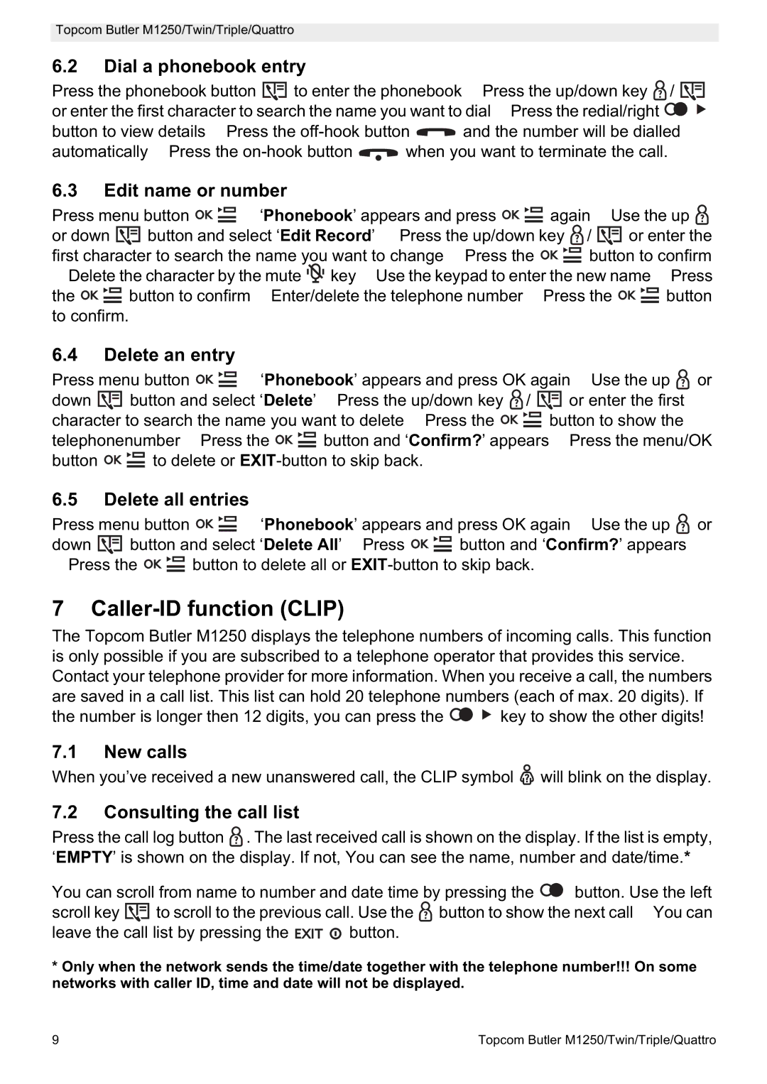Topcom M1250 manual Caller-ID function Clip 