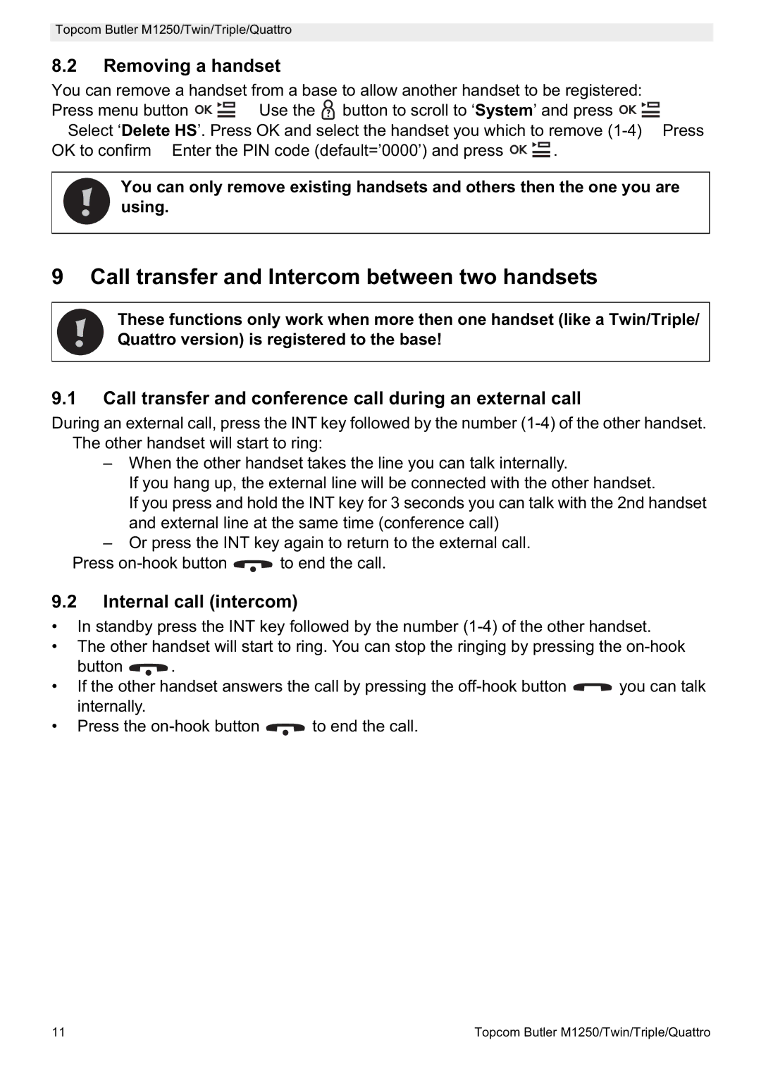 Topcom M1250 manual Call transfer and Intercom between two handsets, Removing a handset, Internal call intercom 