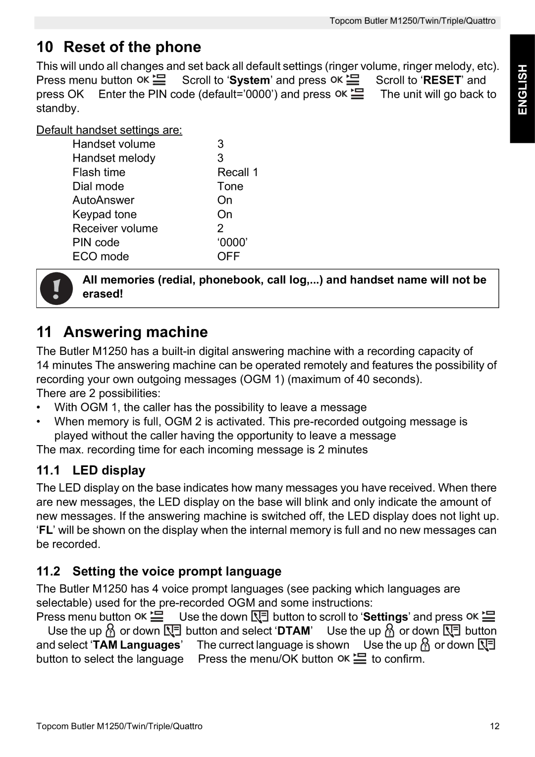 Topcom M1250 manual Reset of the phone, Answering machine, LED display, Setting the voice prompt language 