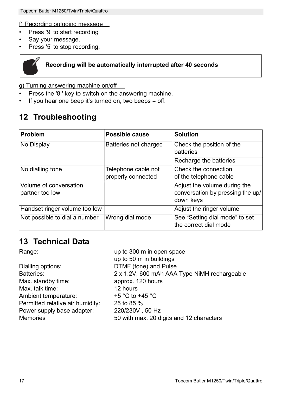 Topcom M1250 manual Troubleshooting, Technical Data, Recording outgoing message, Turning answering machine on/off 