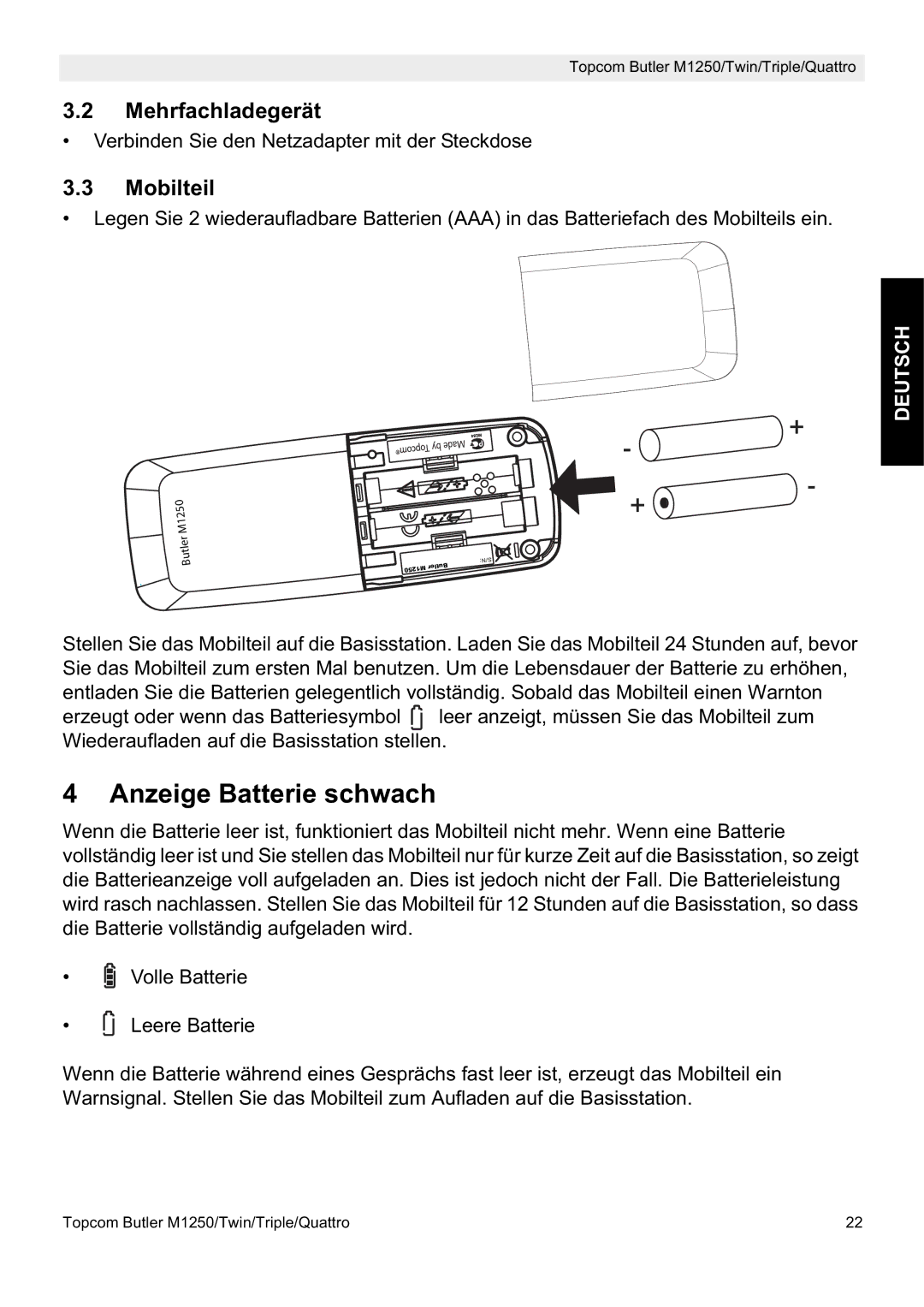 Topcom M1250 manual Anzeige Batterie schwach, Mehrfachladegerät, Mobilteil 