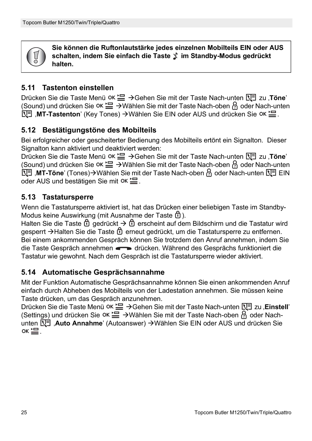 Topcom M1250 manual Tastenton einstellen, Bestätigungstöne des Mobilteils, Tastatursperre, Automatische Gesprächsannahme 