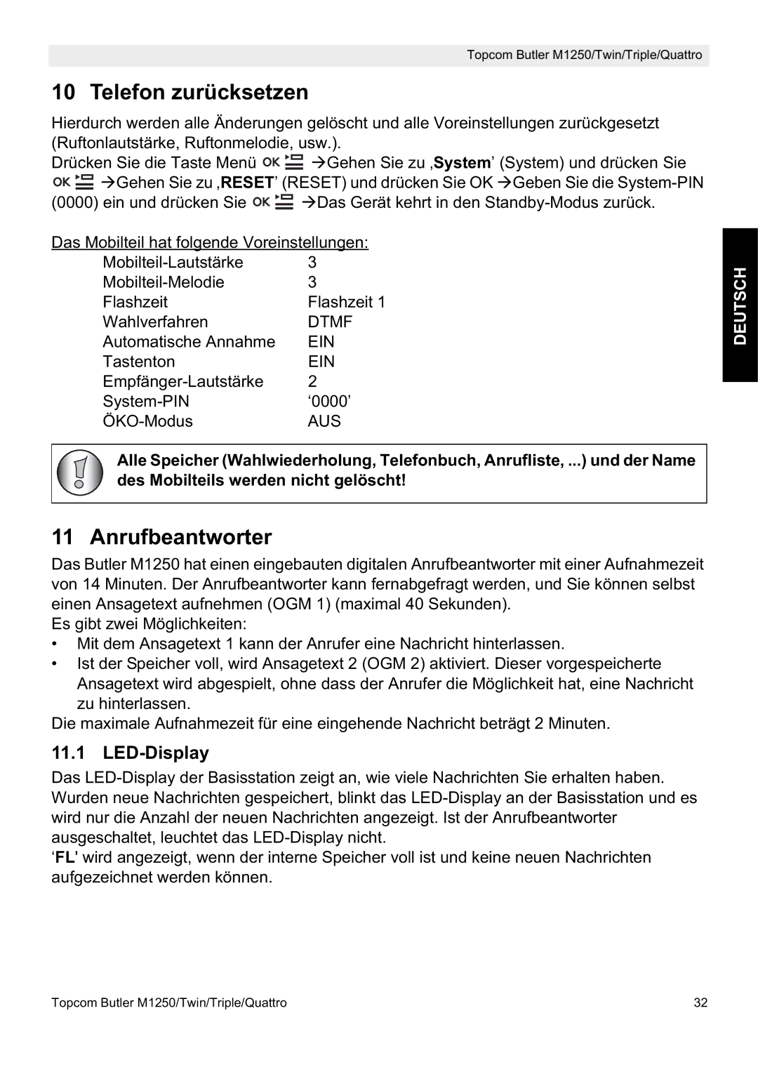 Topcom M1250 manual Telefon zurücksetzen, Anrufbeantworter, LED-Display 