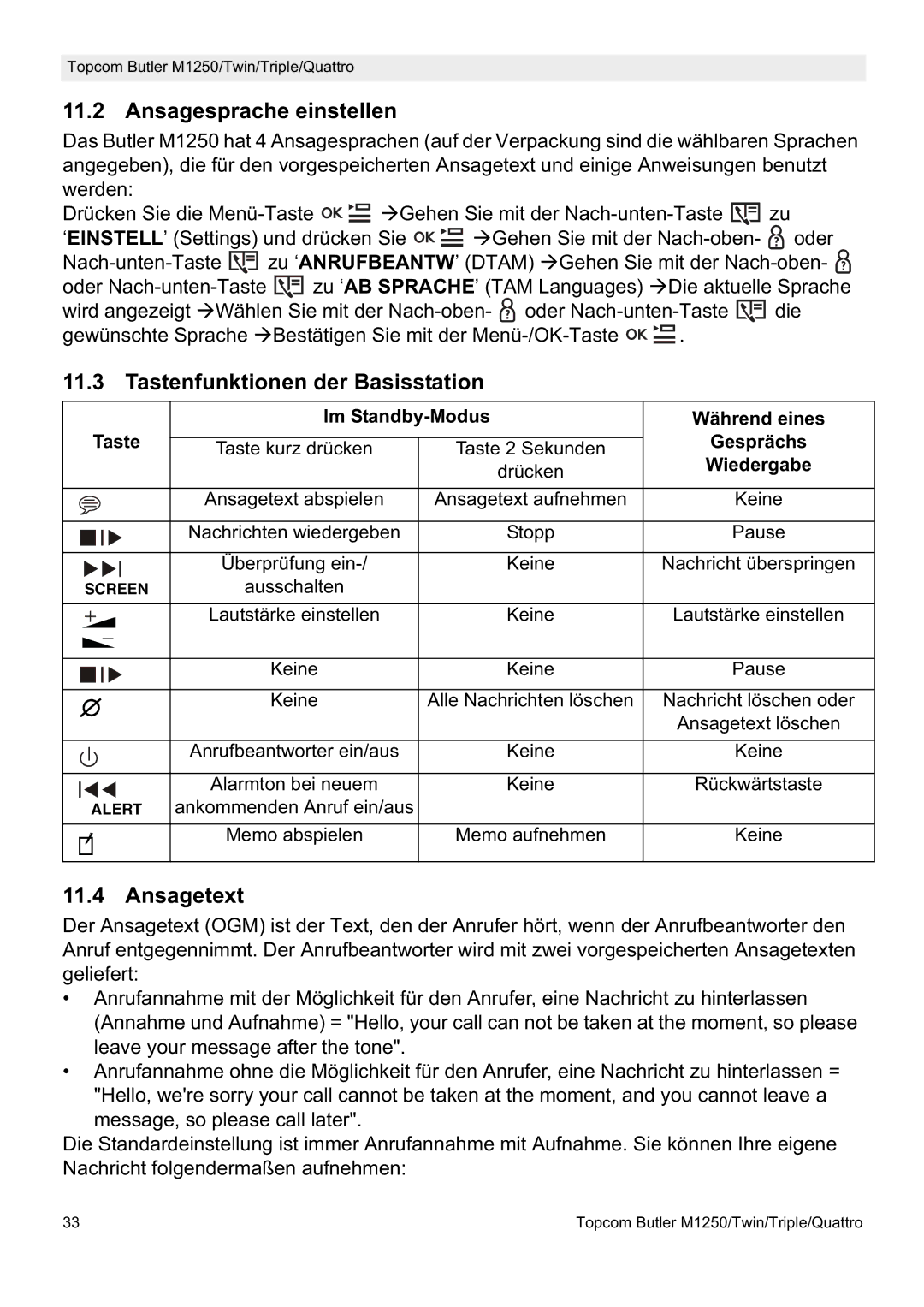 Topcom M1250 manual Ansagesprache einstellen, Tastenfunktionen der Basisstation, Ansagetext 