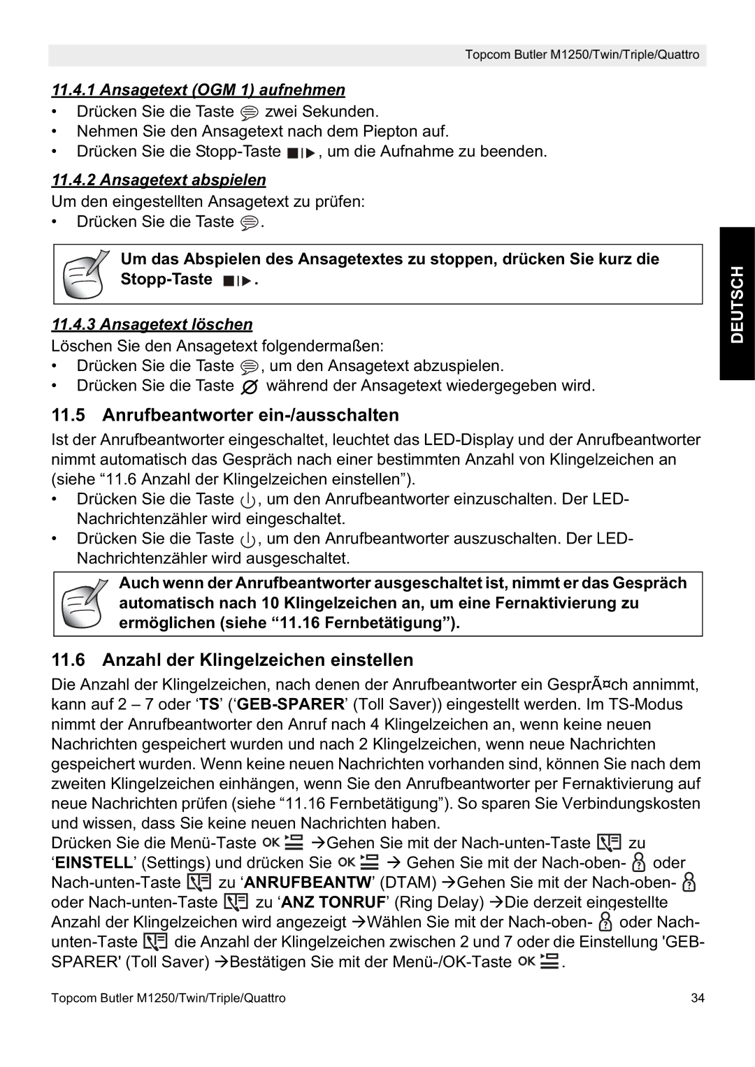 Topcom M1250 manual Anrufbeantworter ein-/ausschalten, Anzahl der Klingelzeichen einstellen, Ansagetext OGM 1 aufnehmen 