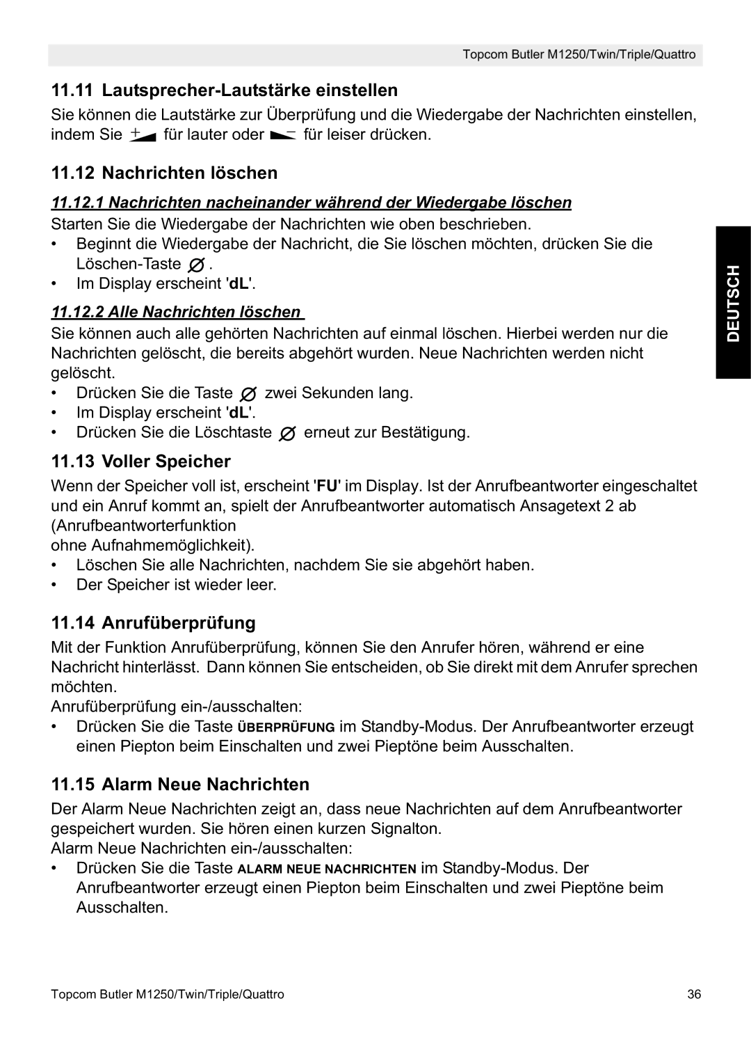 Topcom M1250 manual Lautsprecher-Lautstärke einstellen, Nachrichten löschen, Voller Speicher, Anrufüberprüfung 