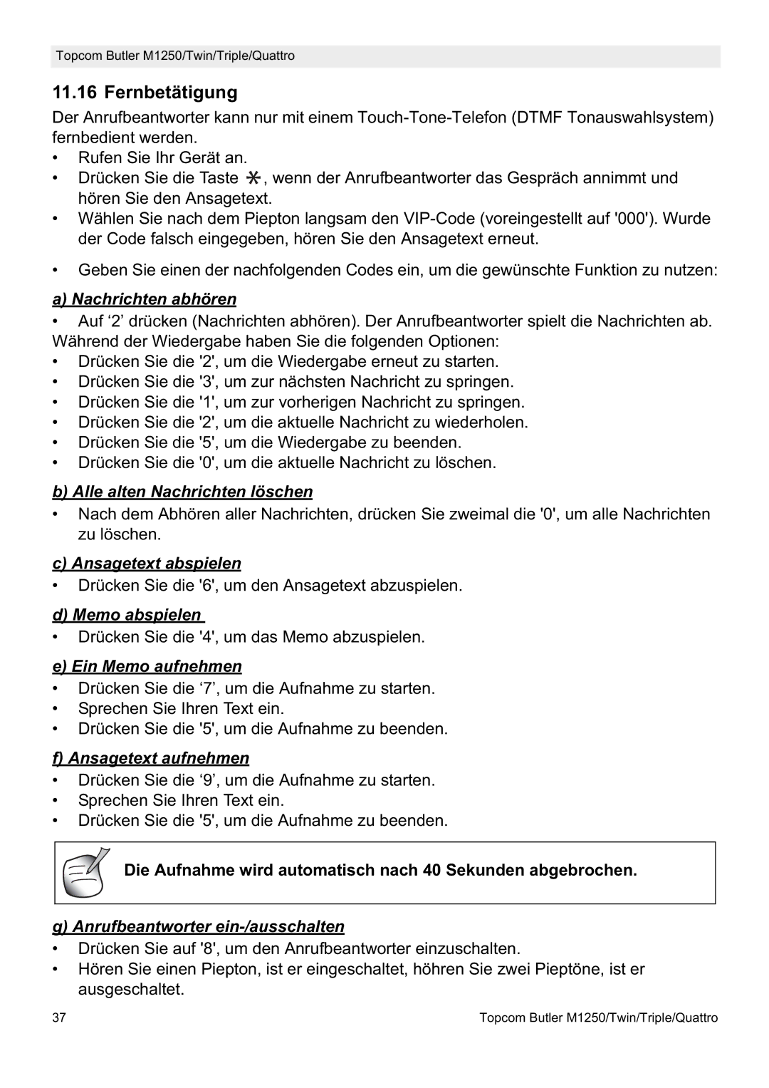 Topcom M1250 manual Fernbetätigung 