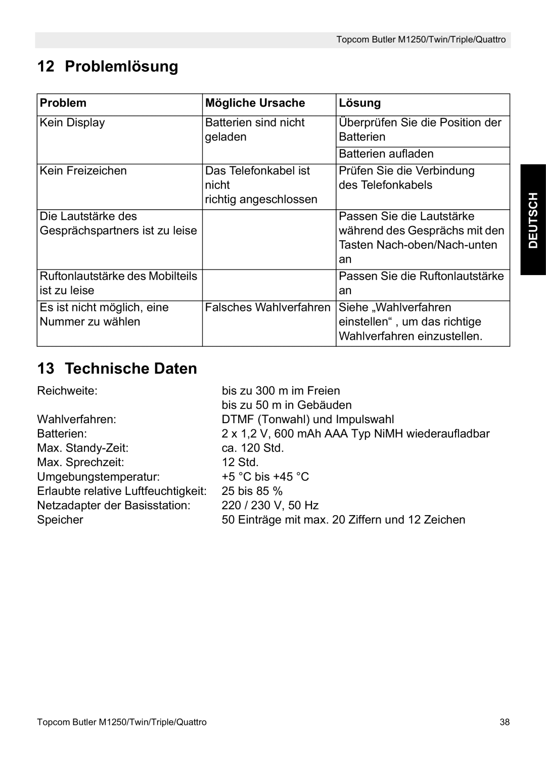 Topcom M1250 manual Problemlösung, Problem Mögliche Ursache Lösung 