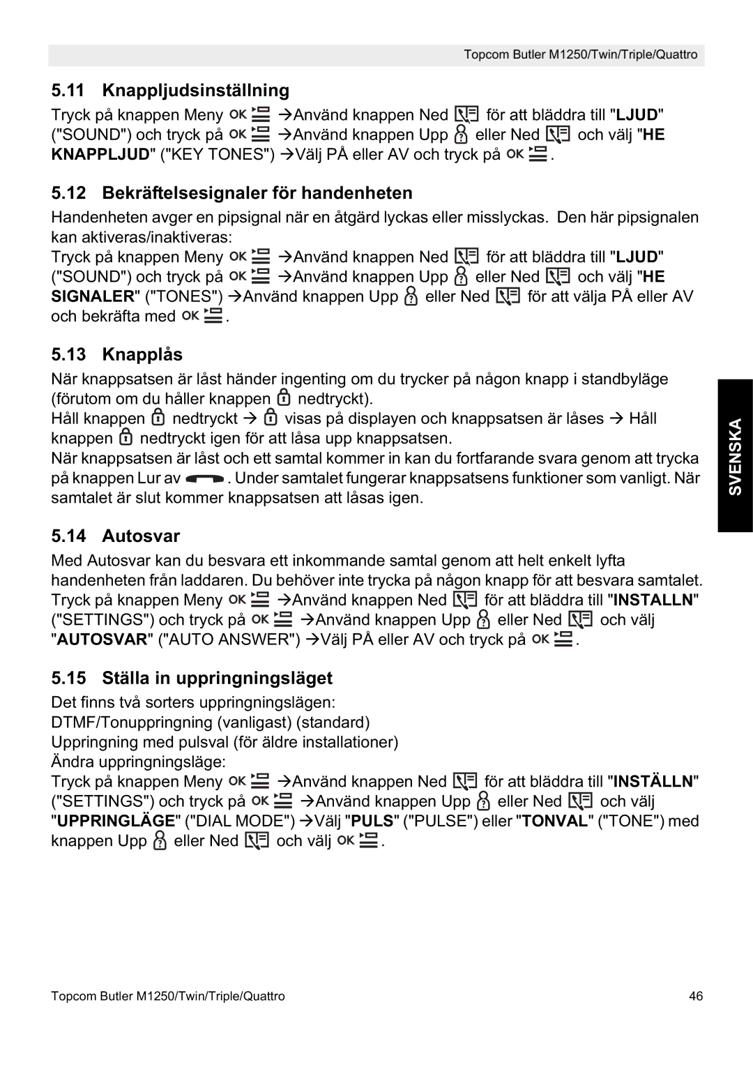 Topcom M1250 manual Knappljudsinställning, Bekräftelsesignaler för handenheten, Knapplås, Autosvar 