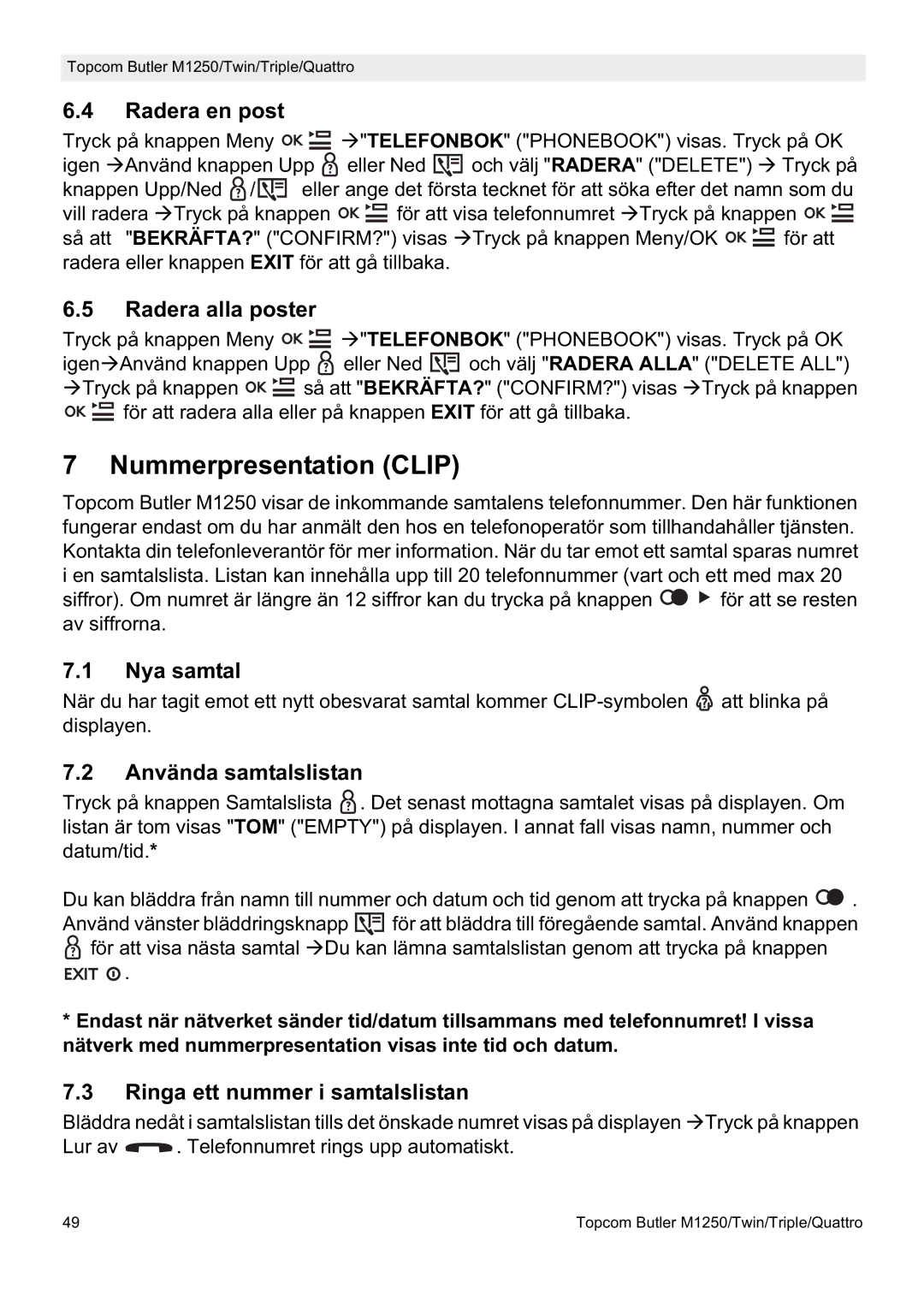 Topcom M1250 manual Nummerpresentation Clip 