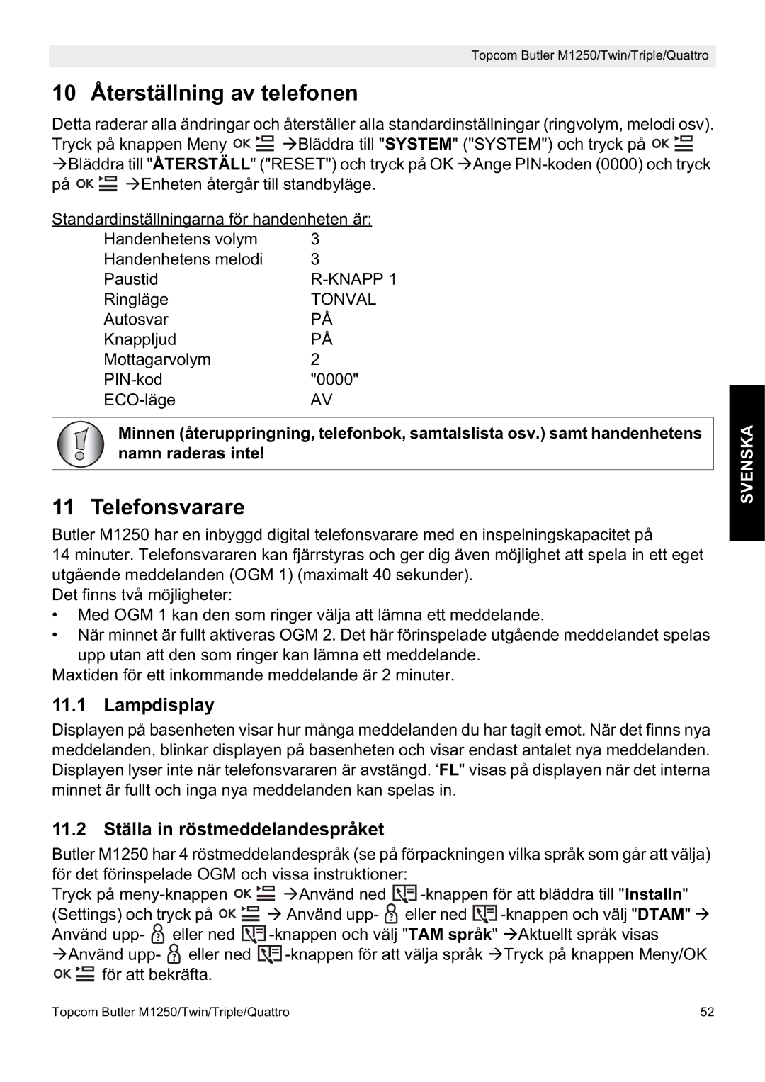 Topcom M1250 manual 10 Återställning av telefonen, Telefonsvarare, Lampdisplay, 11.2 Ställa in röstmeddelandespråket 