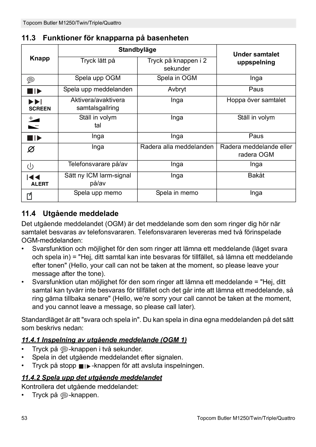 Topcom M1250 manual Funktioner för knapparna på basenheten, 11.4 Utgående meddelade, Inspelning av utgående meddelande OGM 