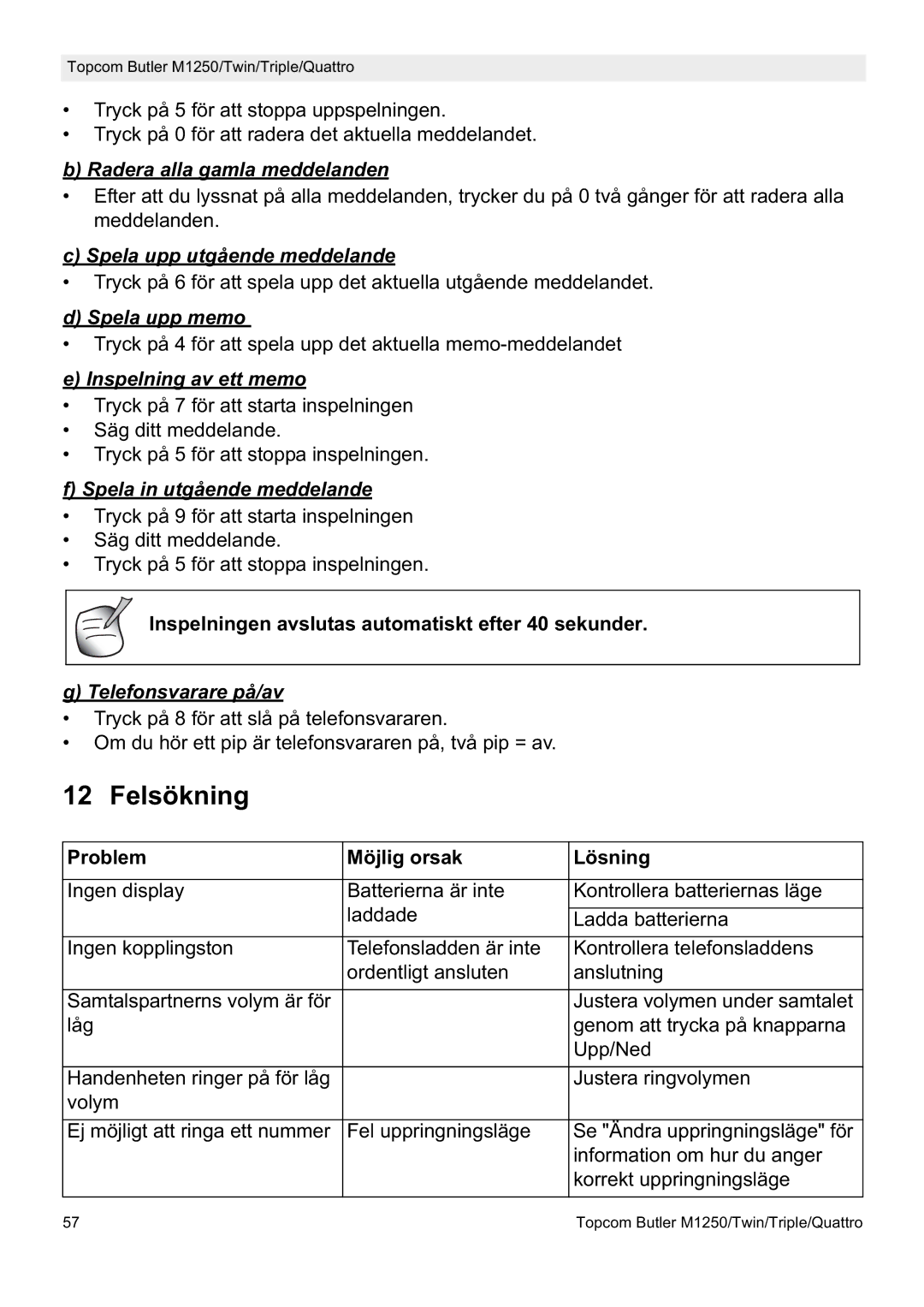 Topcom M1250 manual Felsökning 