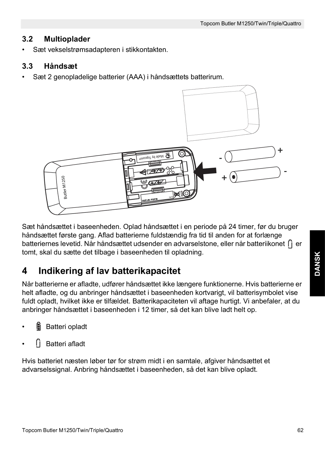 Topcom M1250 manual Indikering af lav batterikapacitet, Multioplader, Håndsæt 