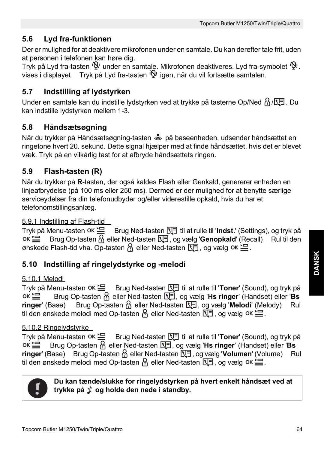 Topcom M1250 manual Lyd fra-funktionen, Indstilling af lydstyrken, Håndsætsøgning, Flash-tasten R 