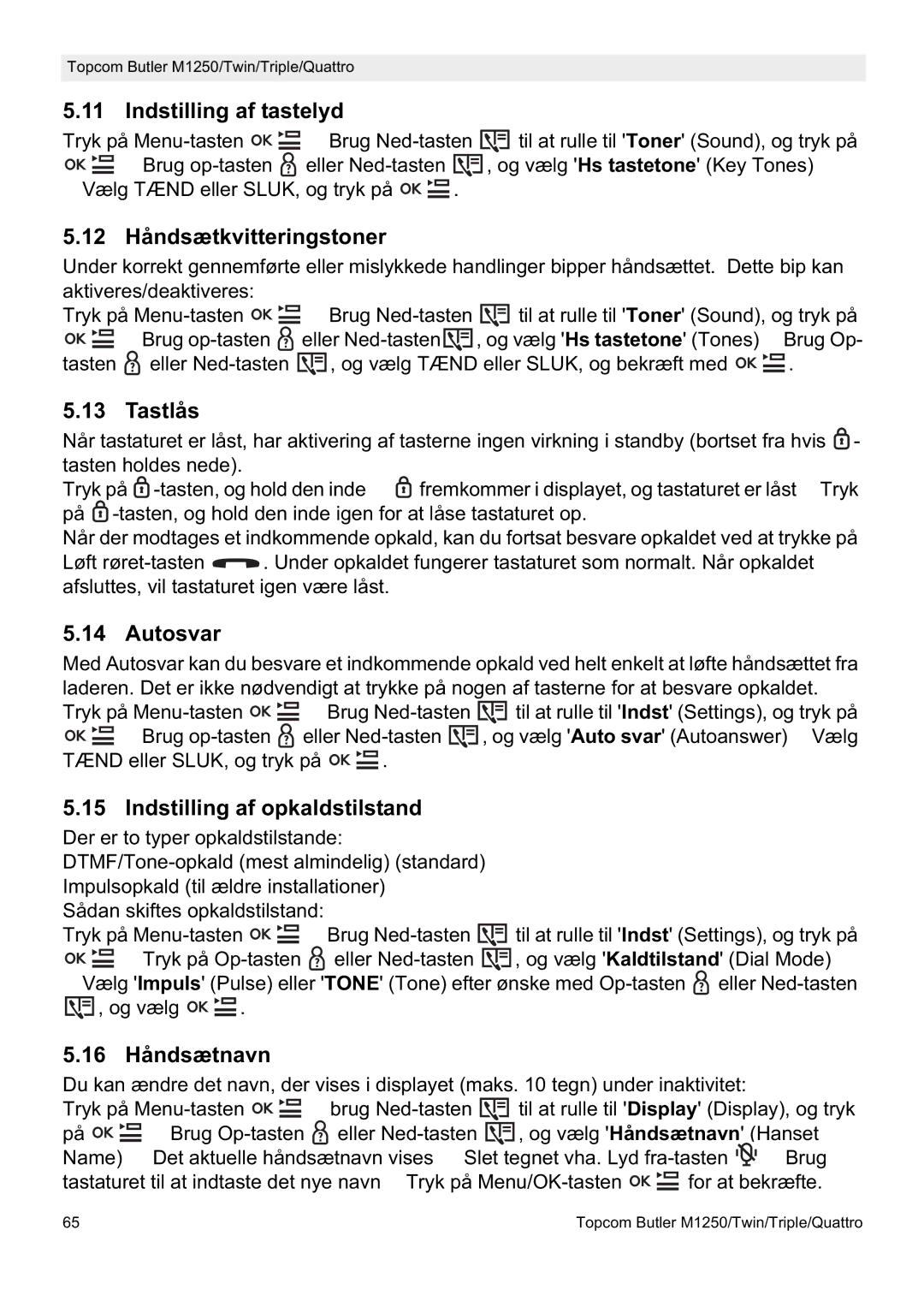 Topcom M1250 Indstilling af tastelyd, 12 Håndsætkvitteringstoner, Tastlås, Indstilling af opkaldstilstand, 16 Håndsætnavn 