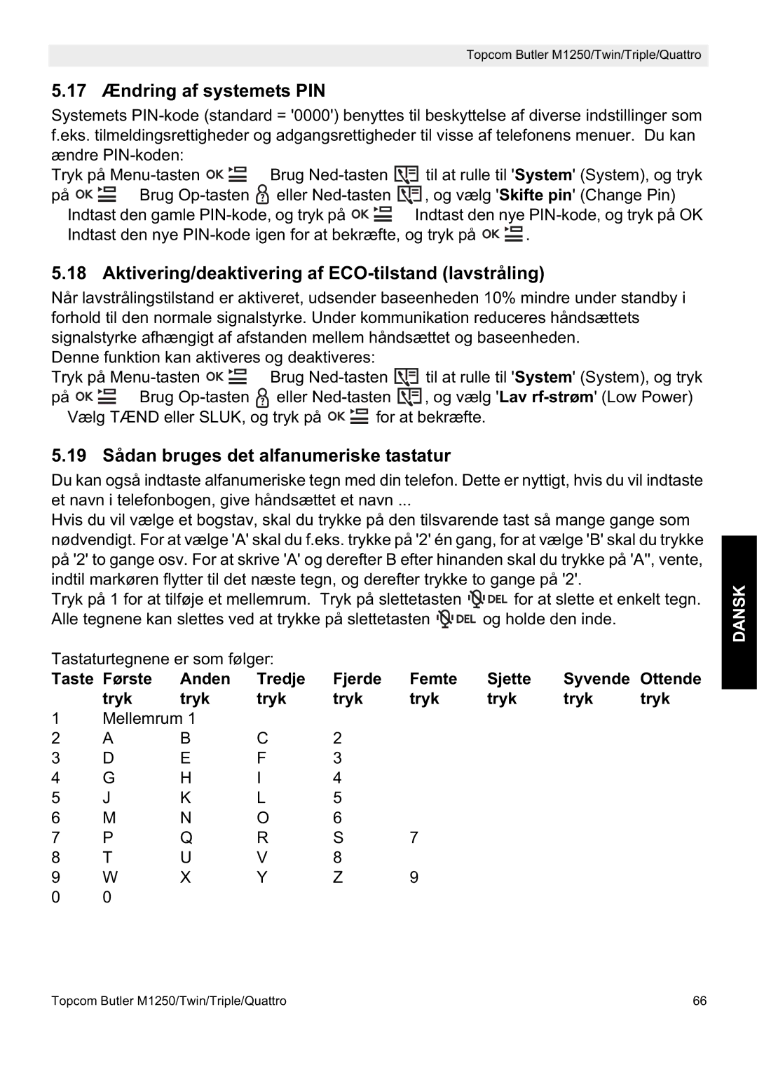 Topcom M1250 manual 17 Ændring af systemets PIN, Aktivering/deaktivering af ECO-tilstand lavstråling 