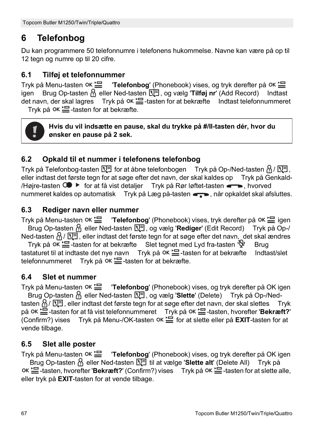 Topcom M1250 manual Telefonbog 