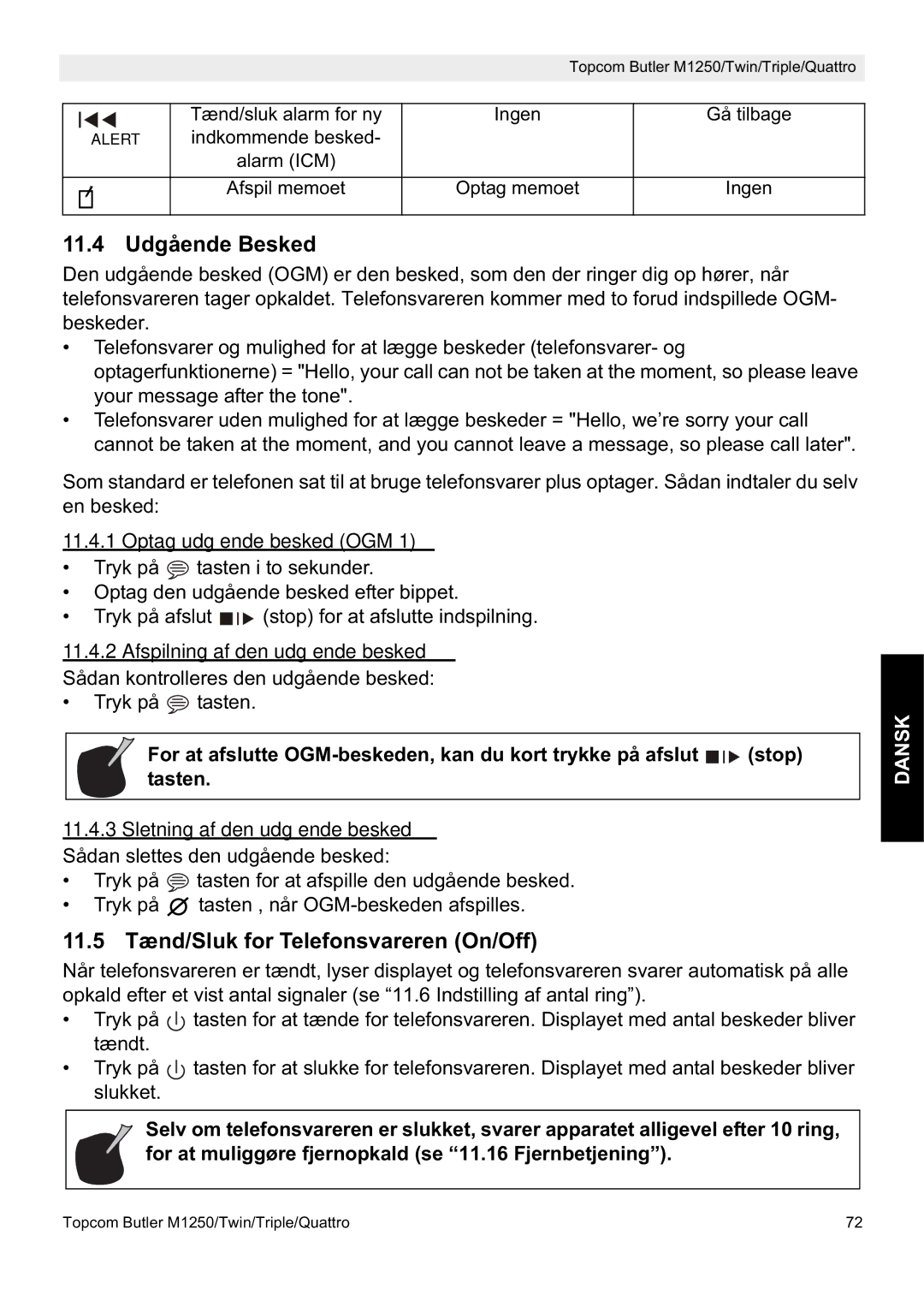 Topcom M1250 manual 11.4 Udgående Besked, 11.5 Tænd/Sluk for Telefonsvareren On/Off, Optag udgående besked OGM 